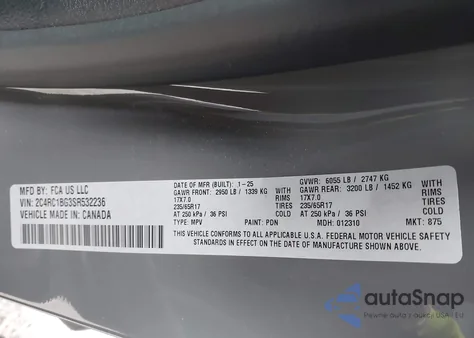 2025 Chrysler Pacifica Select z USA, uszkodzony, nr VIN 2C4RC1BG3SR532236